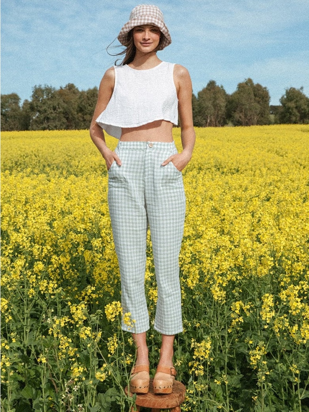 Ghanda Mint Gingham Cropped Straight-Leg Pants